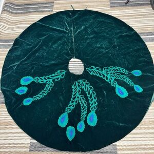 Christmas Tree Skirt Green Velvet Peacock Feathers Circular Holiday